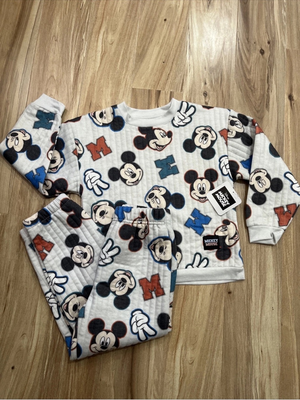 Disney Mickey Mouse Quilted Pajama Set in White with Blue & Red Accents